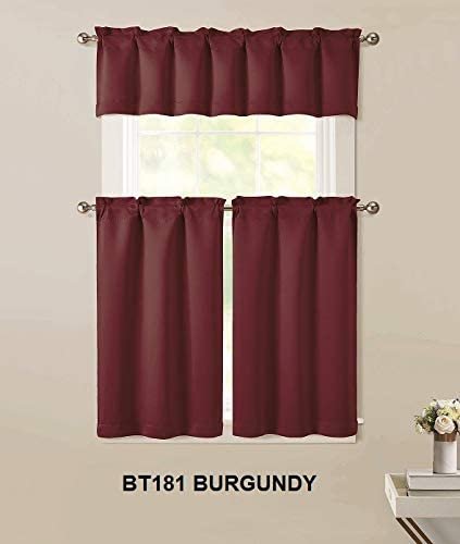 Sapphire Home 3pc Kitchen Curtain 2 Tier (36"L) + 1 Valance (15"L) Semi-Blackout, Woven Fabric Soft Touch, Room Darkening Solid Short Panels, Curtains for Small Window, Tier Panels, (BT181, Burgundy)