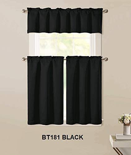 Sapphire Home 3pc Kitchen Curtain 2 Tier (36" L) + 1 Valance (15" L) Semi-Blackout, Woven Fabric Soft Touch, Room Darkening Solid Short Panels, Curtains for Small Window, Tier Panels, (BT181, Black)