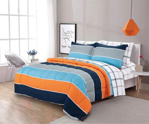 Sapphire Home 3 Piece Full Size Comforter Set with Shams, Blue Orange Gray Stripes Print Multicolor Boys Kids Girls Teen Comforter Bed Cover, (Kids Stripe, F, 3pc)