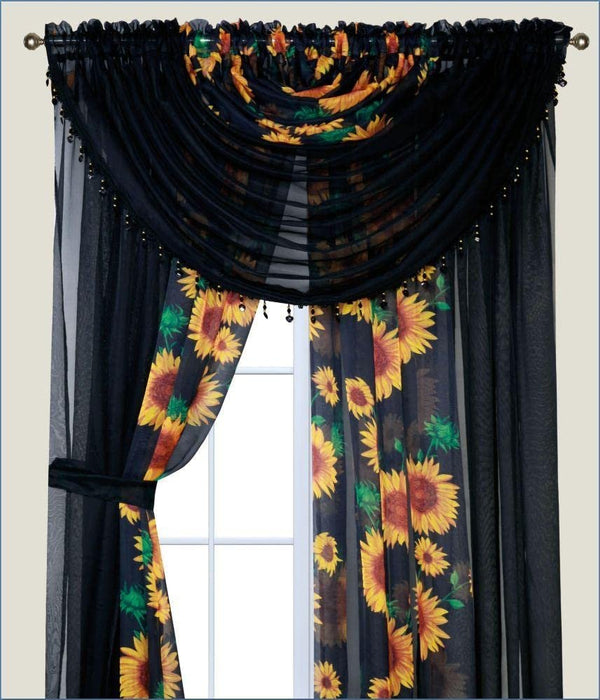Complete Window Sheer Voile Curtain Panel Set with 4 Attached Panels (55x84" Each) and 2 attached Valances with Beads and 2 Tiebacks - Easy Installation - Multicolor Floral Rose and Solid Beige