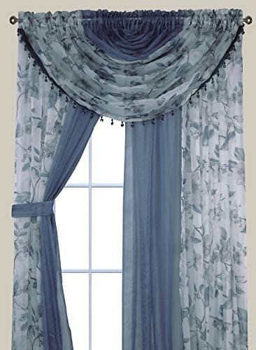 Sapphire Home Complete Window Sheer Curtain Panel Set- 4 Attached Panels Window Curtains, 2 Valances & 2 Tiebacks- Panels for Bedroom/Living Room- Window Curtain Panels- 63 inches, Floral Blue & Blue