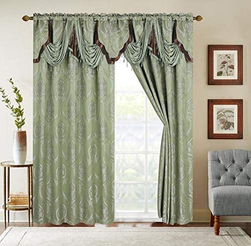 Sapphire Home Jacquard Window Curtain Drape Panels (2 Panels w/Attached Valance and Sheer Backing + 2 Tassels), Traditional Elegant Damask Pattern, Living Dining Room Drapes, (Vine, 84", Sage)