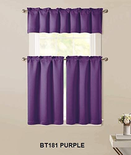 Sapphire Home 3pc Kitchen Curtain 2 Tier (36" L) + 1 Valance (15" L) Semi-Blackout, Woven Fabric Soft Touch, Room Darkening Solid Short Panels, Curtains for Small Window, Tier Panels, (BT181, Purple)
