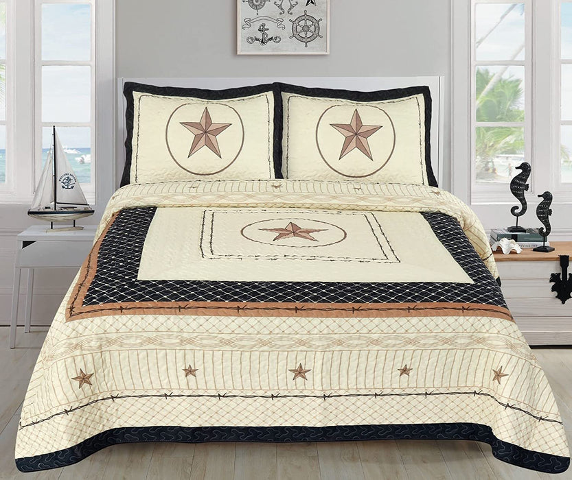 Sapphire Home 3 Piece King Size Quilt Bedspread Set with 2 Shams, Wild Rustic Country/Horseshoe Longhorn Star Design, Turquoise Coffee, King Longhorn Star Turq