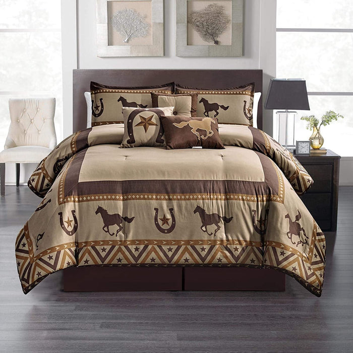 Sapphire Home 7 Piece Queen/King-Cal King Comforter Set with Shams Bedskirt Cushions, Country Western Horse Shoe Boots Cowboy Design Bed Cover Bed in a Bag, Brown Coffee Turquoise