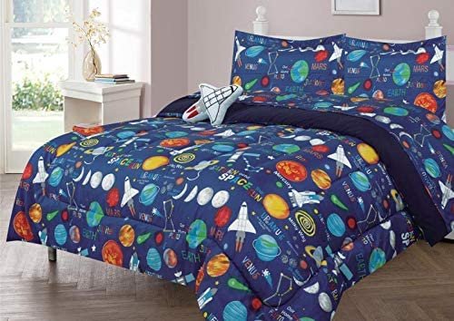 4pc Full Size Kids Boys Teens Comforter Set w/2 Shams & Decorative Toy Pillow, Space Planets Rockets Blue Print Blue Multicolor Comforter Bedding Set, Full Comforter 4pc Outer Space
