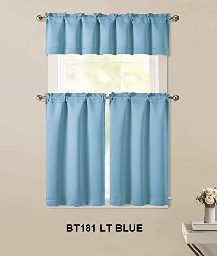Sapphire Home 3pc Kitchen Curtain 2 Tier (36" L) + 1 Valance (15" L) Semi-Blackout, Woven Fabric Soft Touch,Room Darkening Solid Short Panels,Curtains for Small Window,Tier Panels,(BT181, Light Blue)